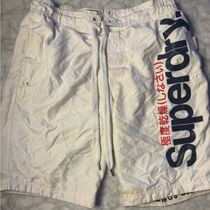 vintage white Superdry swim trunks with a navy and red Japanese logo men’s med